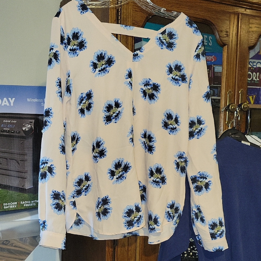 LOFT Peachy Cream Long-Sleeve Tunic with Blue Floral Print and V-Neck.